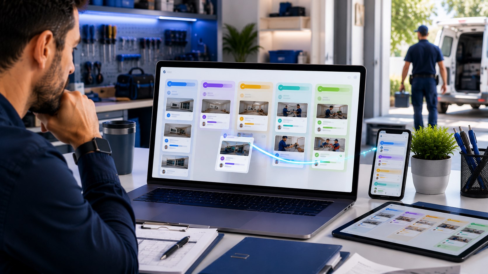 Pipeline operacional da Docniza em notebook e celular