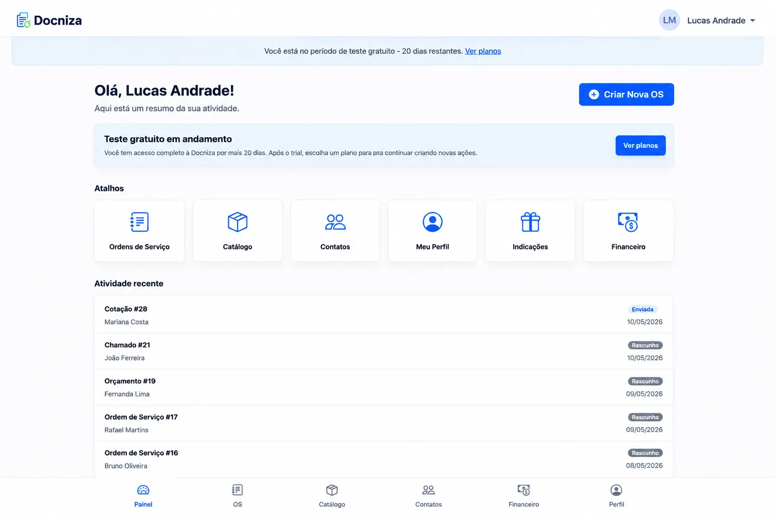 Painel da Docniza com indicadores, ordens de serviço e lembretes