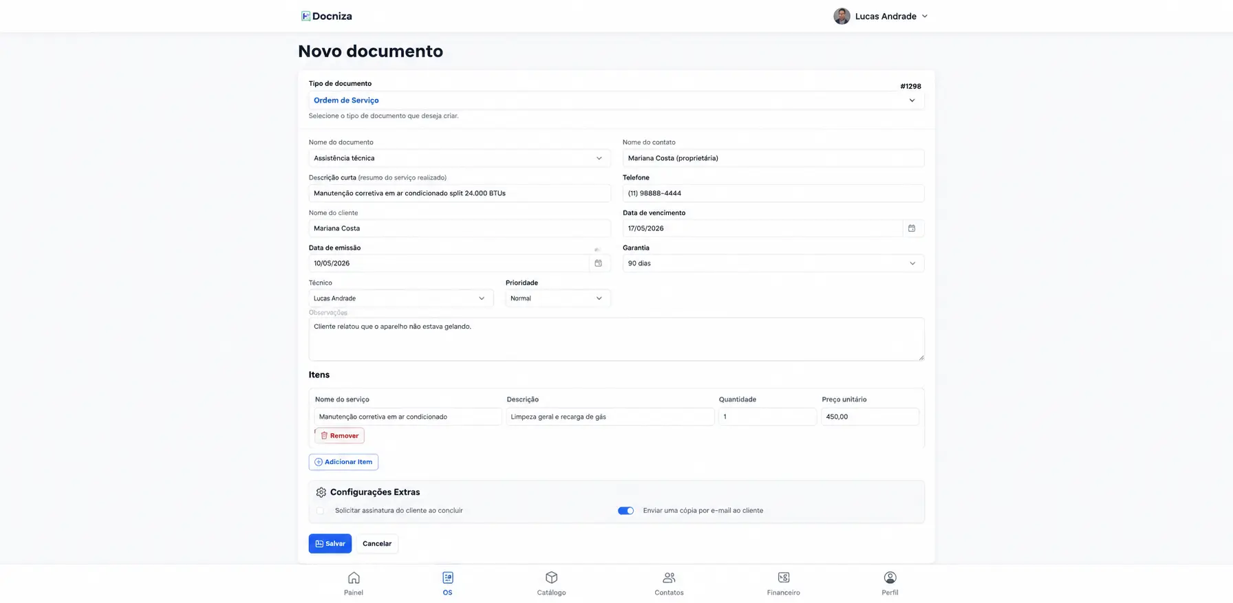 Tela de ordens de serviço da Docniza com documentos, status e valores
