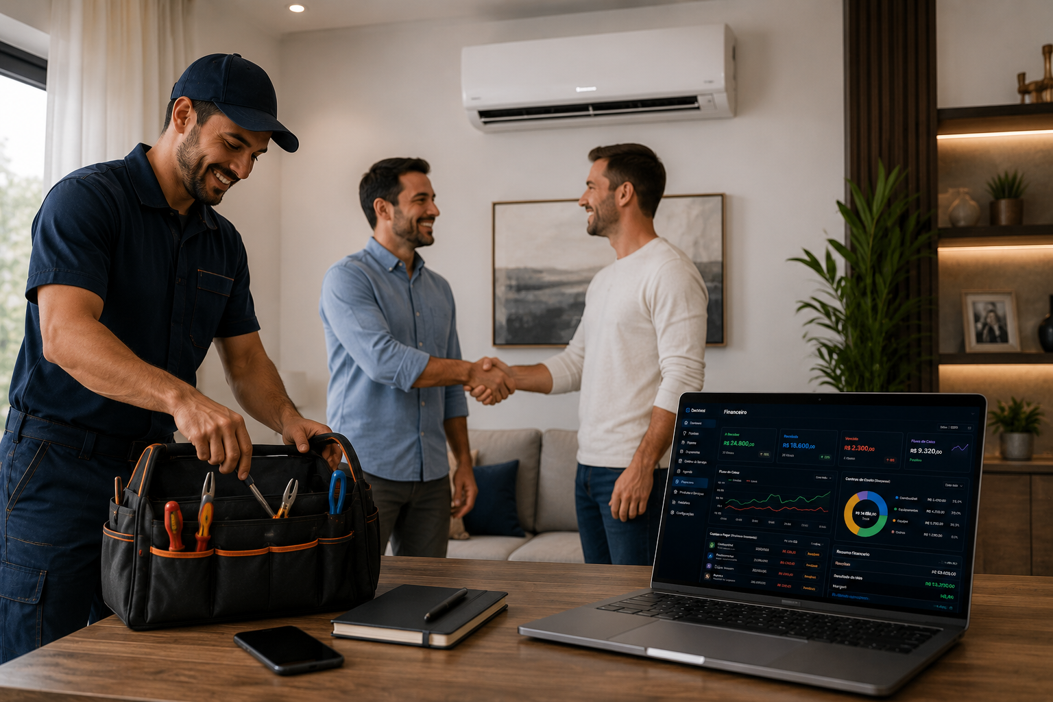 Tela da Docniza com pipeline, ordens de serviço e financeiro para instaladores de ar-condicionado
