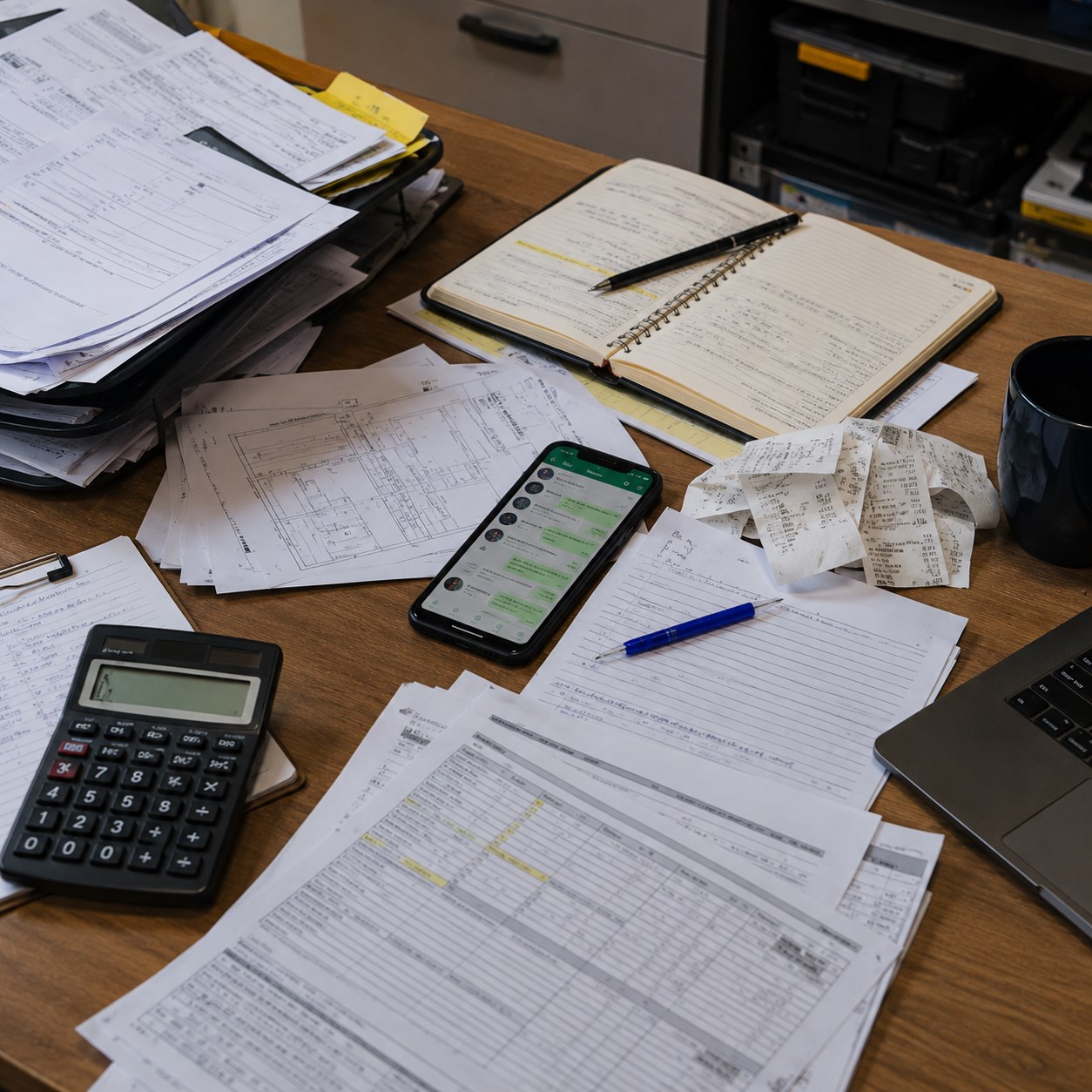 Mesa com papéis, recibos, calculadora, WhatsApp e anotações de serviços hidráulicos espalhadas antes da organização