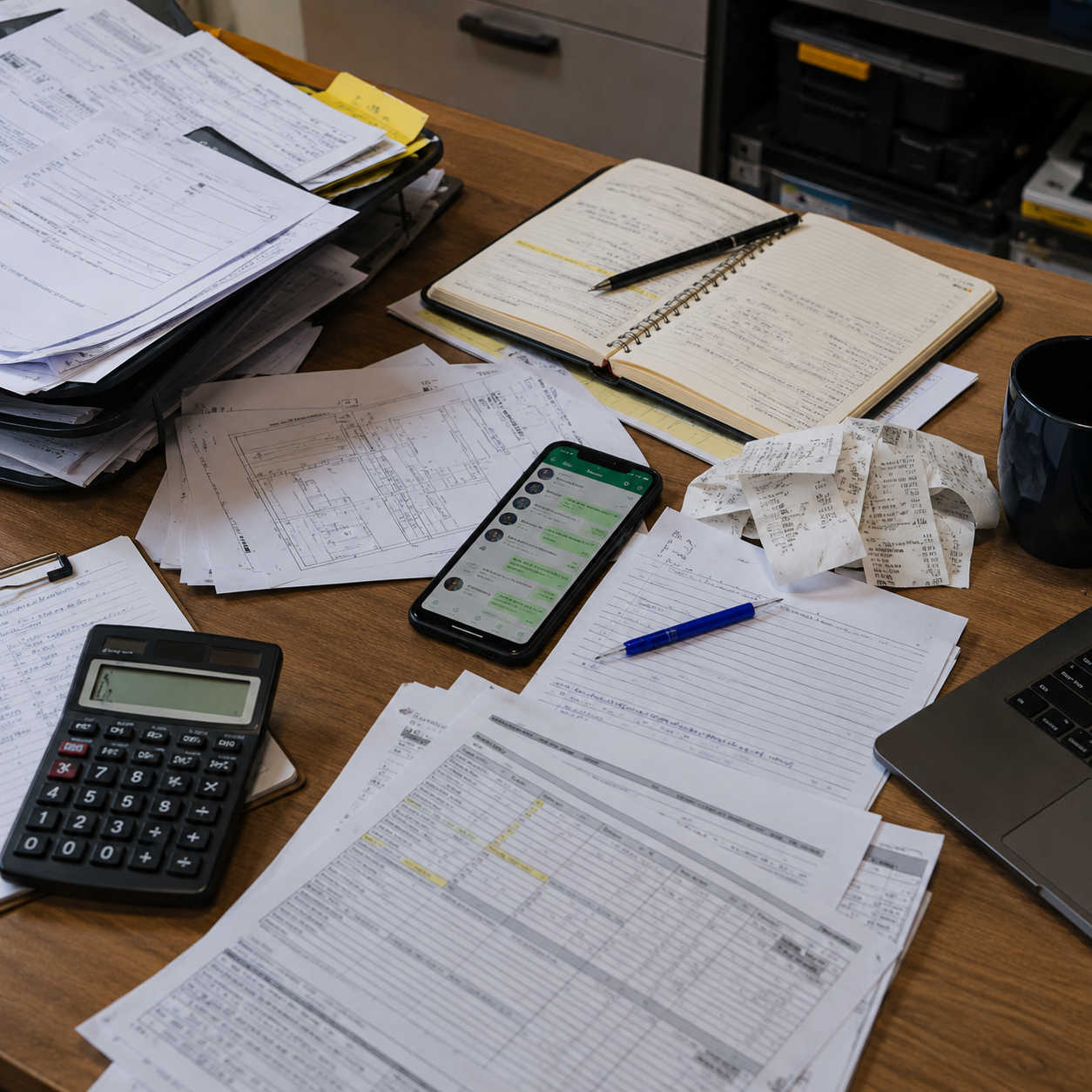 Mesa com papéis, recibos, calculadora, WhatsApp e anotações de serviços hidráulicos espalhadas antes da organização