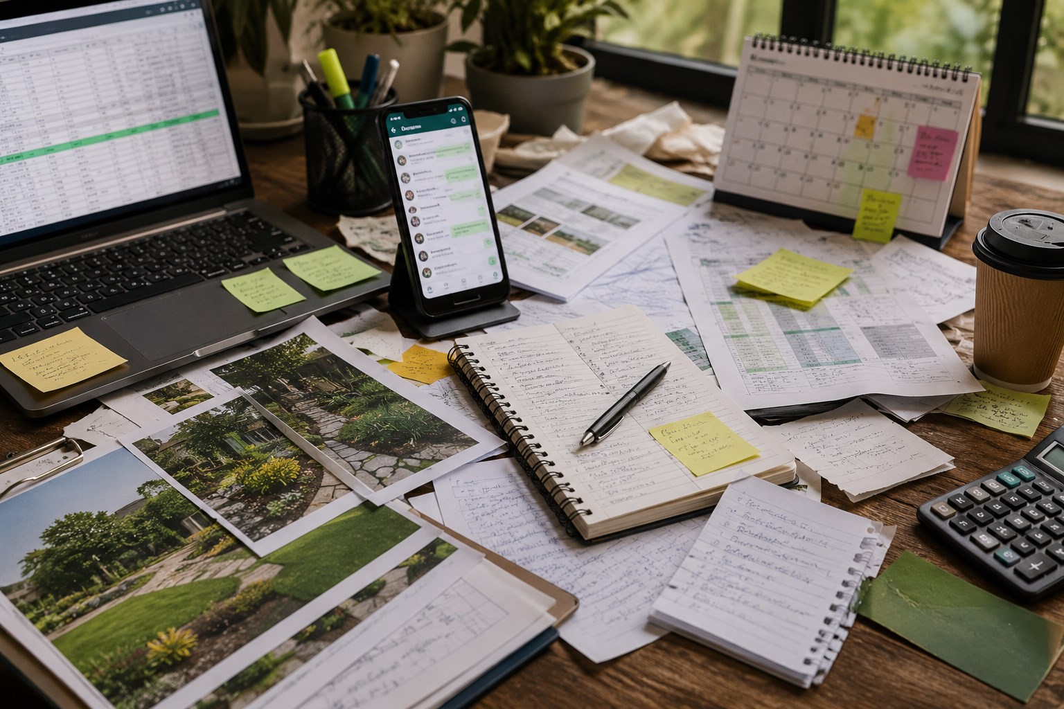 Mesa de jardinagem com planilhas, WhatsApp, calendário e anotações espalhadas antes da organização