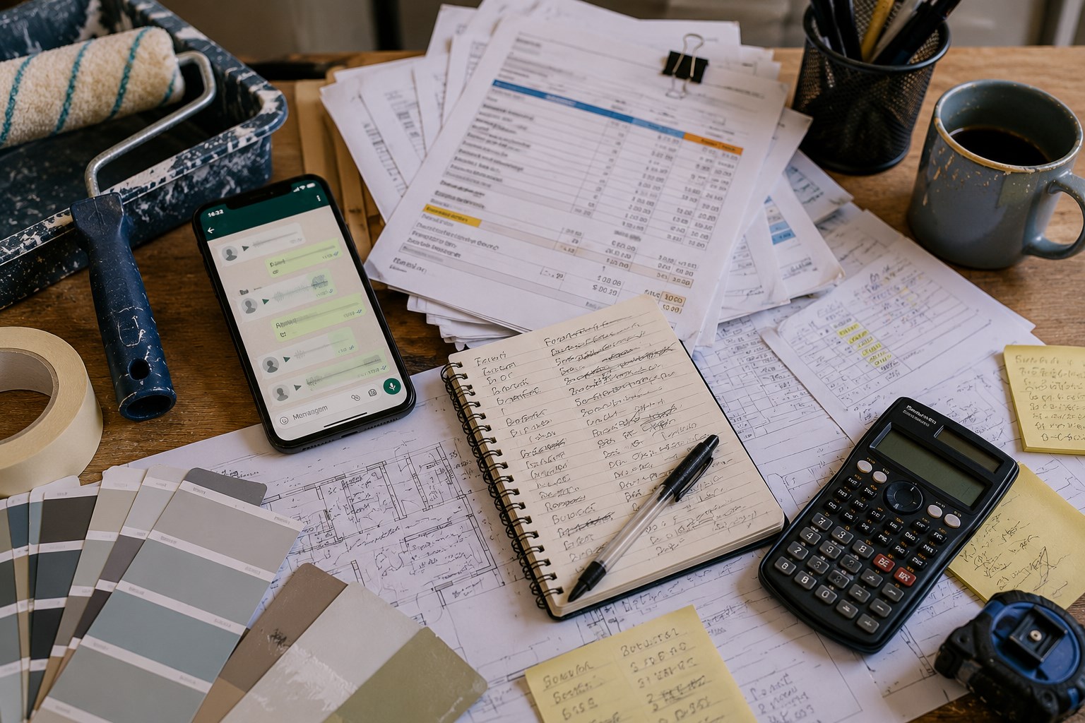 Mesa de trabalho de pintor com WhatsApp, papéis, planilhas e anotações antes da organização