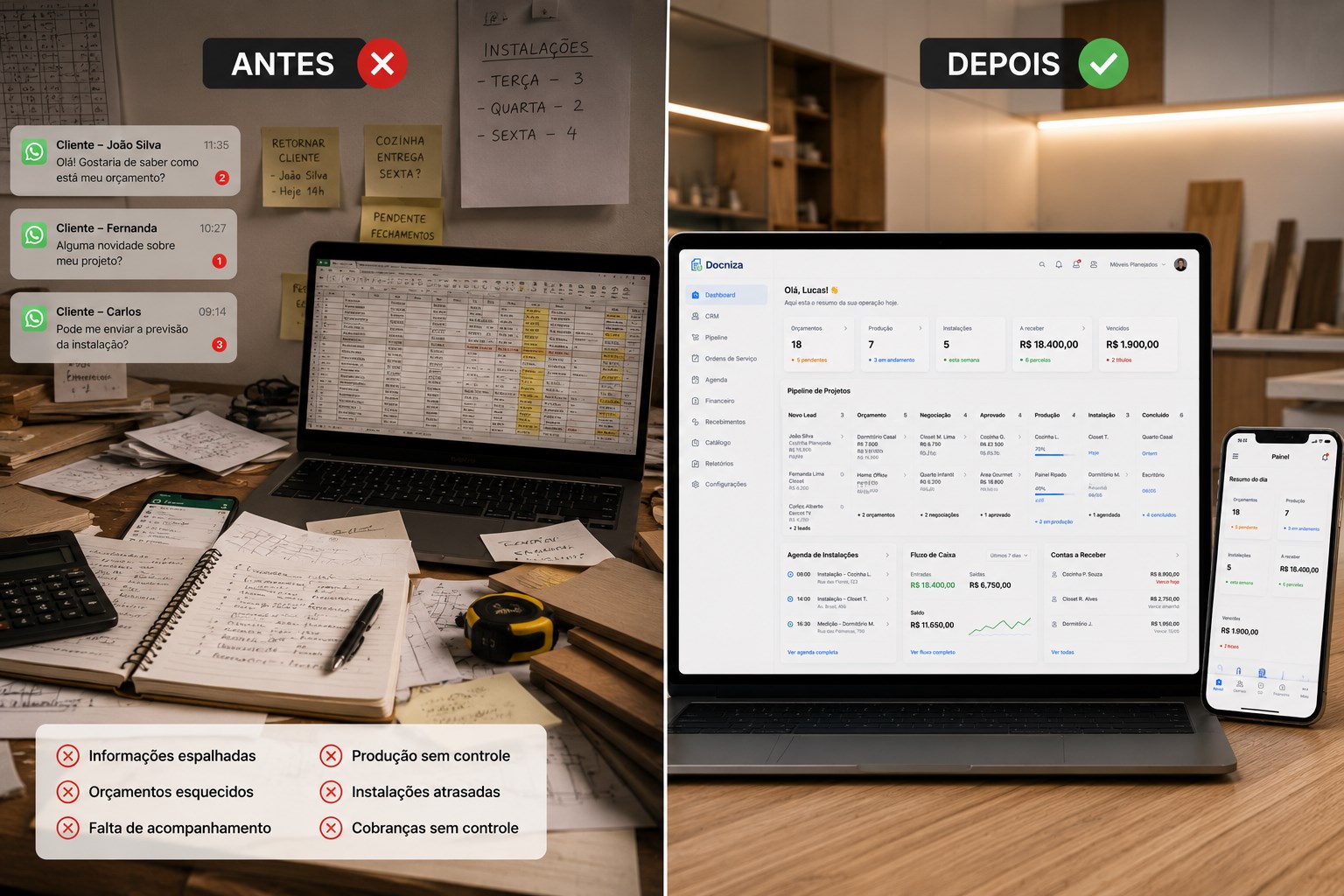 Antes e depois da organização de uma marcenaria com a Docniza