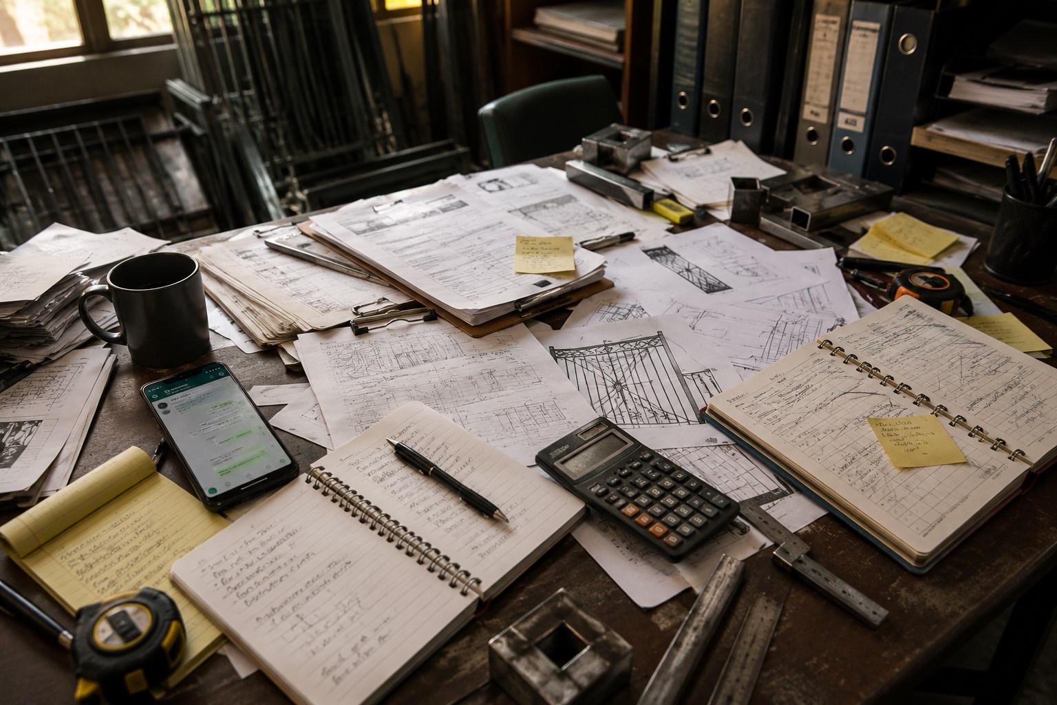 Mesa de serralheria com papéis, desenhos, calculadora, trena e conversas espalhadas antes da organização